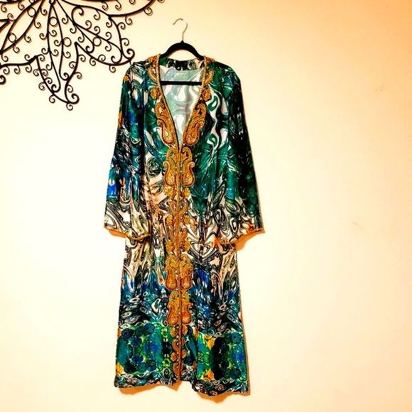 *LAST ONE**MANISH VAID- Silk Turquoise Emb.Pucci Island Prt. Kimono-NWT M - Picture 10 of 15